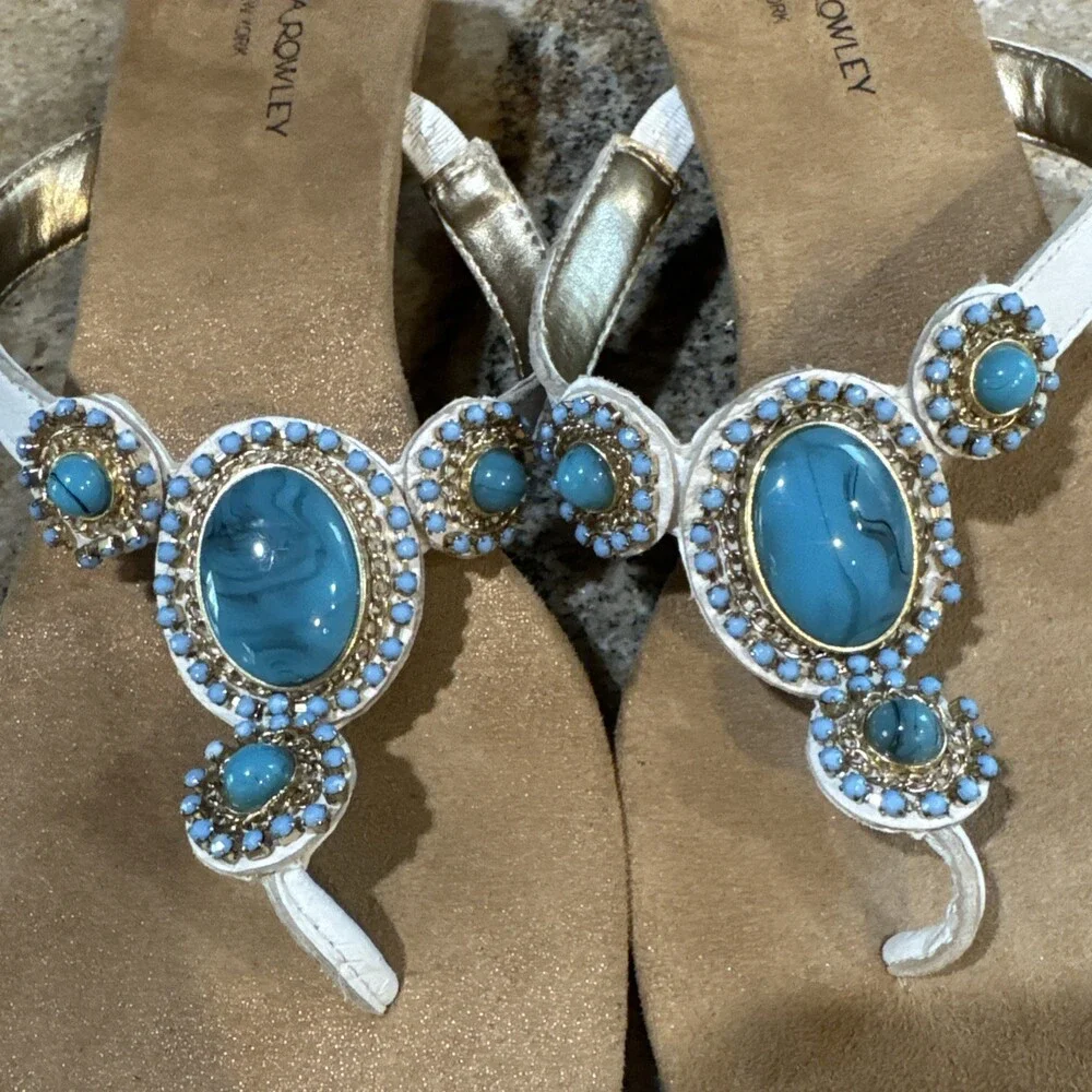 Cynthia Rowley Womens Size 10 Turquoise Beaded Sandals Wedge Summer Sexy Strappy - Picture 2 of 5